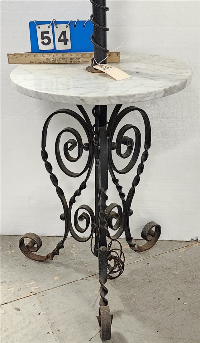 Victorian Wrought Iron, Brass & Marble Piano Lamp/Table 63" H X 18" Diam.: Victorian Wrought Iron, Brass & Marble Piano Lamp/Table 63" H X 18" Diam.