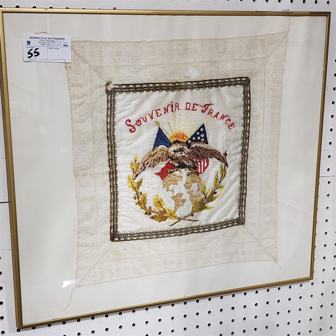 Framed Silk Embroidery Souvenier Of France WWI 15 1/2" X 15" w/Frame 19 1/2" X 22 1/2" (1 of 3)