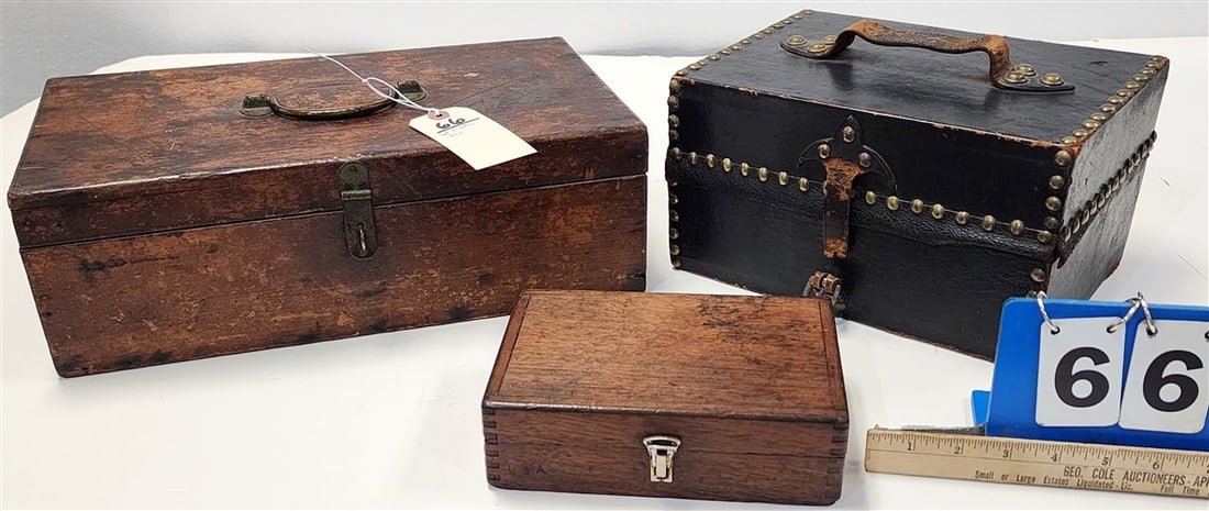 Lot 3 19th C Boxes - Wooden 5" H X 16" W X 9" D, USA 2 1/2" H X 7 3/4" D X 5 1/2" D + Leather (1 of 2)