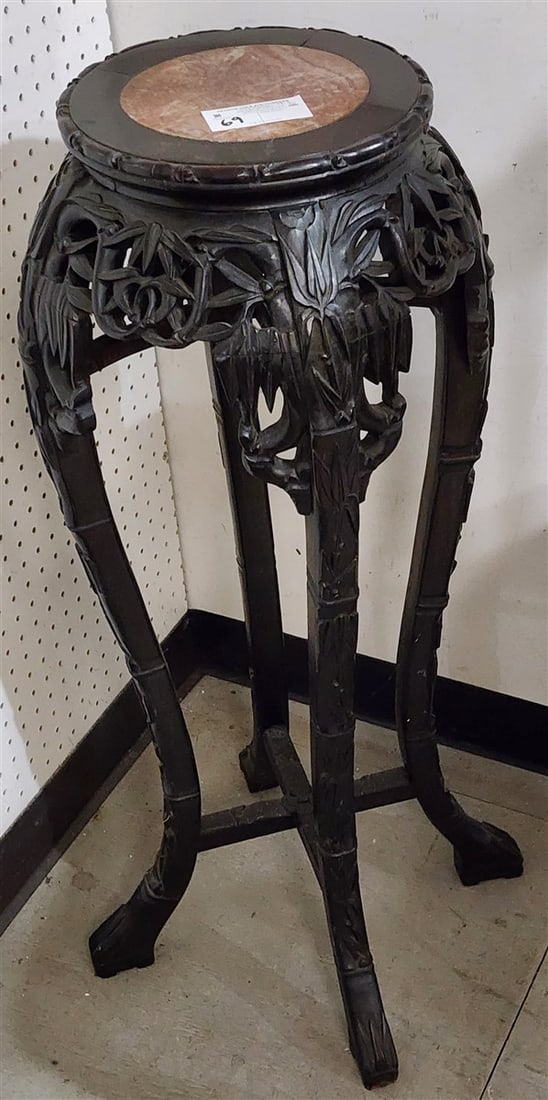 Chinese Carved Wood Marble Top Stand 36" H X 11" Diam.: Chinese Carved Wood Marble Top Stand 36" H X 11" Diam.