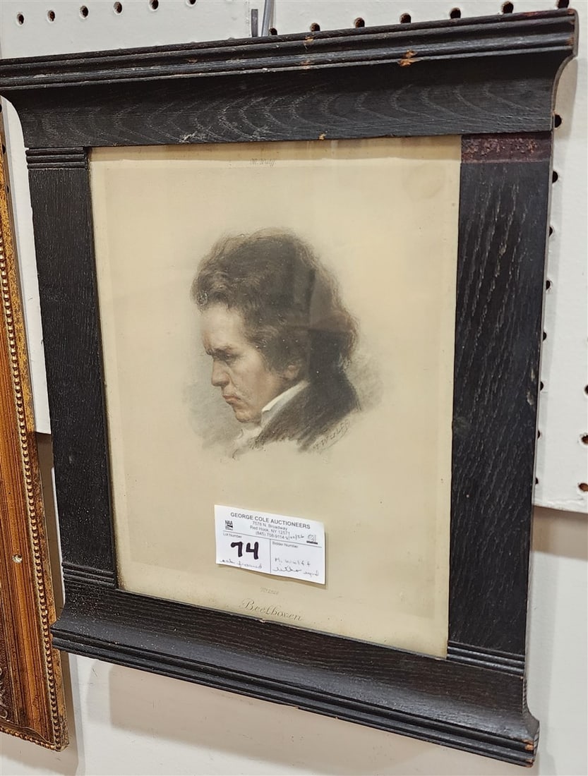Oak Framed Litho Of Beethoven By M. Wulff 11" X 8 3/4" w/Frame 15" H X 12 3/4": Oak Framed Litho Of Beethoven By M. Wulff 11" X 8 3/4" w/Frame 15" H X 12 3/4"