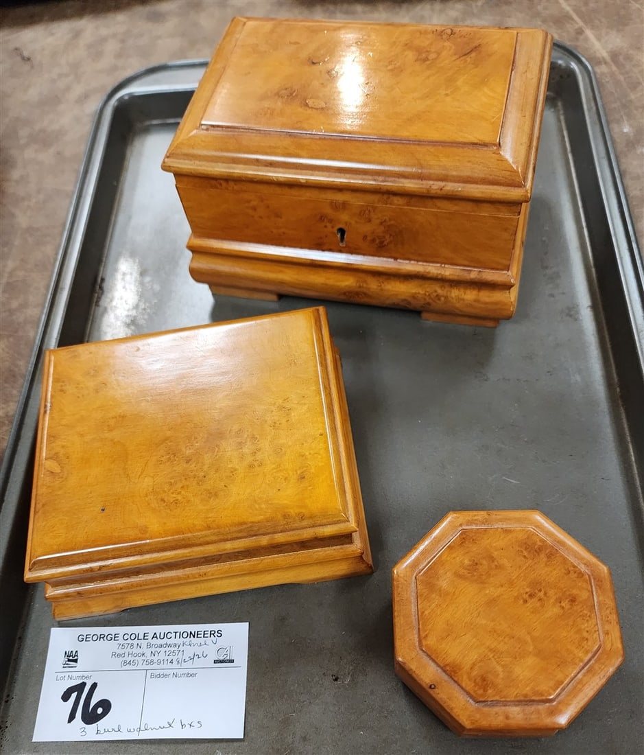Tray 3 Burl Walnut Dresser Boxes - 3 1/2" H X 5 1/2" W X 4" D, 1 1/2" H X 4 1/2" W X 4" D + 1 1/4" H (1 of 2)