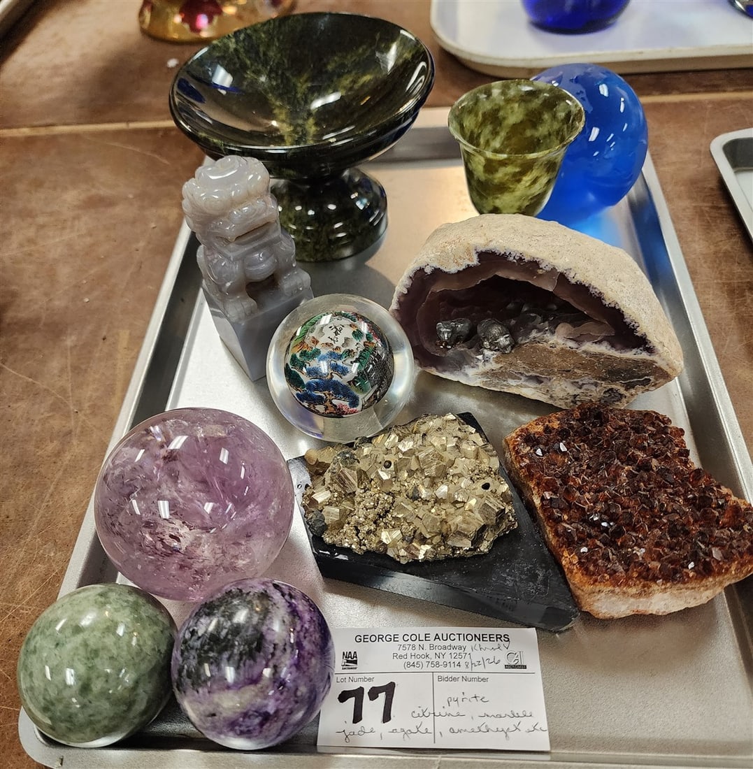 Tray Geodes & Minerals - 2 Amethyst Spheres, Pyrite, Citrine, Jade Cup 3 1/2" H, Marble Compote 3: Tray Geodes & Minerals - 2 Amethyst Spheres, Pyrite, Citrine, Jade Cup 3 1/2" H, Marble Compote 3 1/2" H X 5" Diam. + Carved Agate Foo Dog 3 3/4", Etc.