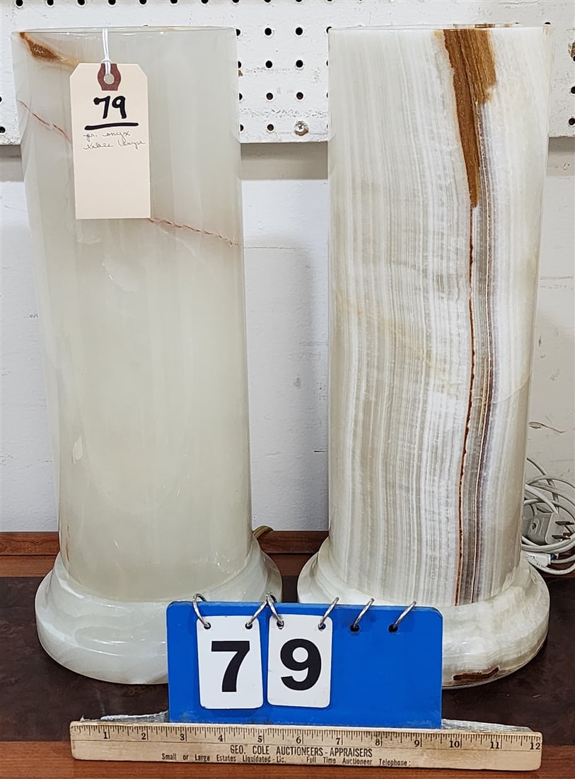 Pr. Onyx Cylinder Table Lamps 18" H X 8" Diam.: Pr. Onyx Cylinder Table Lamps 18" H X 8" Diam.