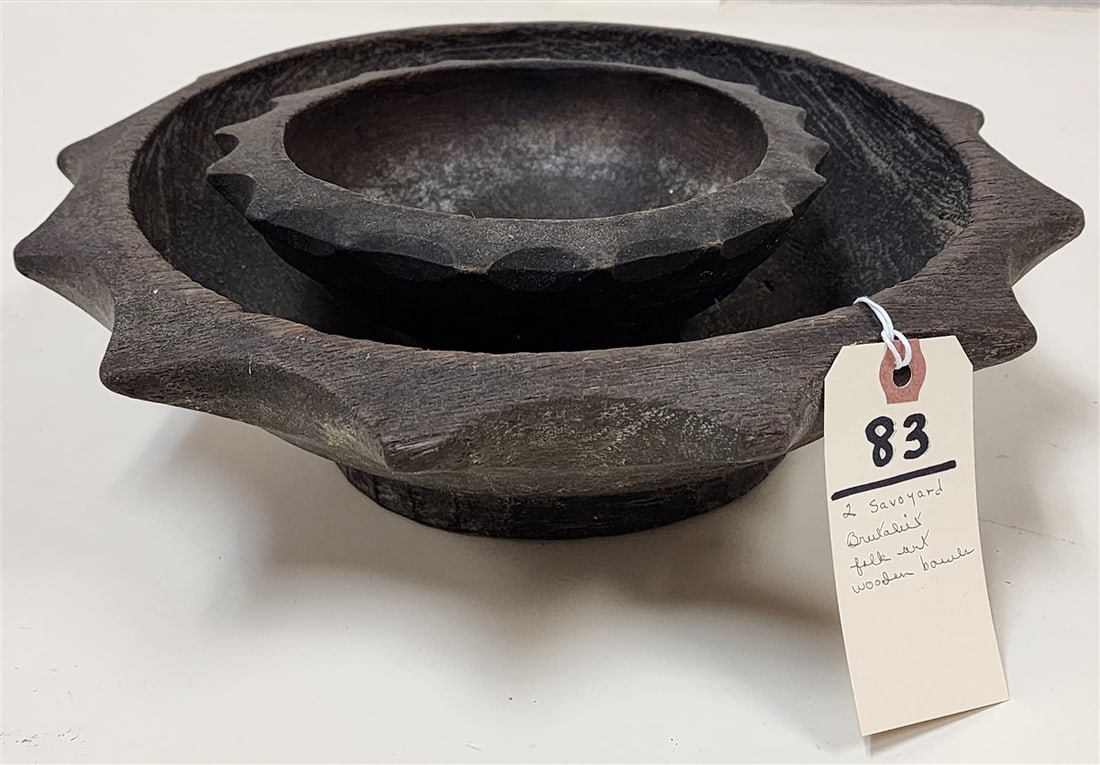 Nest Of 2 Savoyard Brutalist Folk Art Wooden Bowls 4" H X 13" Diam. + 3" H X 7 1/2" Diam.: Nest Of 2 Savoyard Brutalist Folk Art Wooden Bowls 4" H X 13" Diam. + 3" H X 7 1/2" Diam.