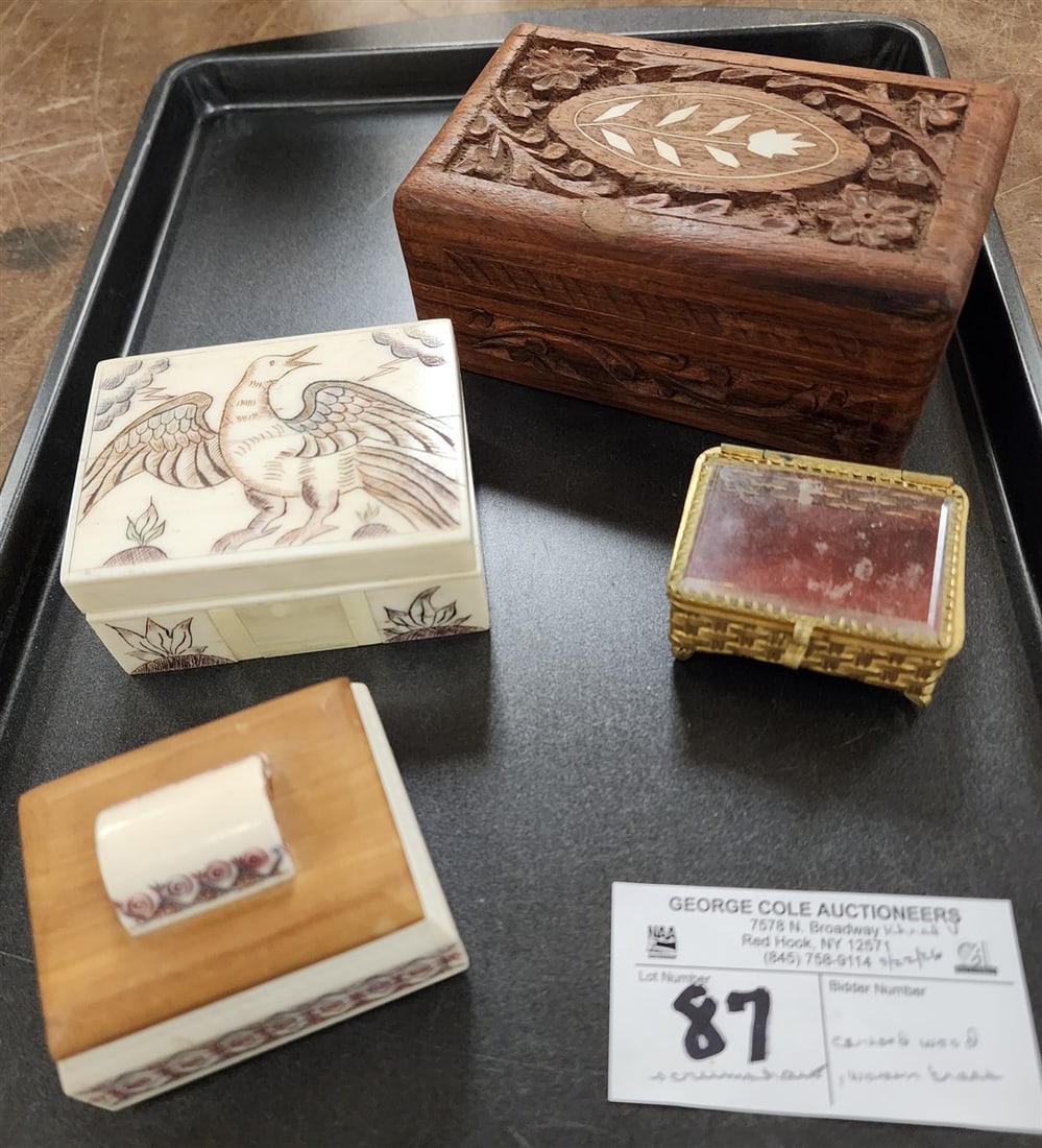 Tray 4 Dresser Boxes - Scrimshaw 1 1/2" H X 3 1/4" W X 2 1/2" D, Scrimshaw 2" H X 2 1/2" W X 2" D,: Tray 4 Dresser Boxes - Scrimshaw 1 1/2" H X 3 1/4" W X 2 1/2" D, Scrimshaw 2" H X 2 1/2" W X 2" D, Indo Carved Inlaid 2" H X 5" W X 3" D + Woven Brass & Glass 1" H X 2 1/2" W X 1 3/4" D