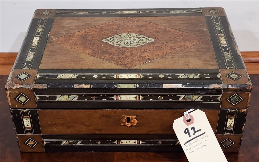 Burl Walnut Inlaid Box w/MOP, Pewter, Bone Etc. 5" H X 13" W X 9" D (1 of 3)