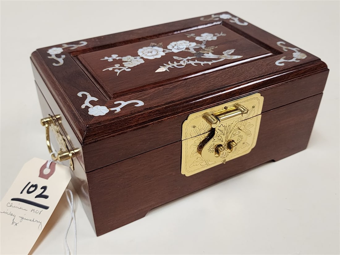 Chinese MOP Inlaid Jewelry Box 4" H X 9" W X 6" D: Chinese MOP Inlaid Jewelry Box 4" H X 9" W X 6" D