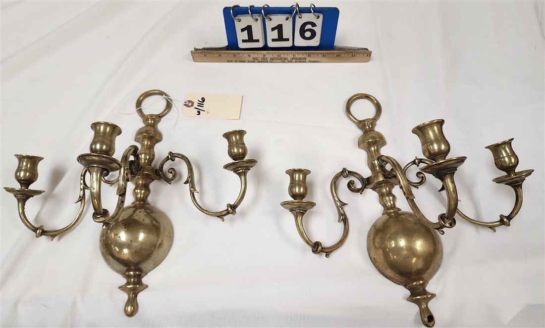 Solid Brass 6 Arm Chandelier (For Candles) 19" H X 18" Diam. + 2 Brass Wall Sconces (For Candles) (1 of 1)