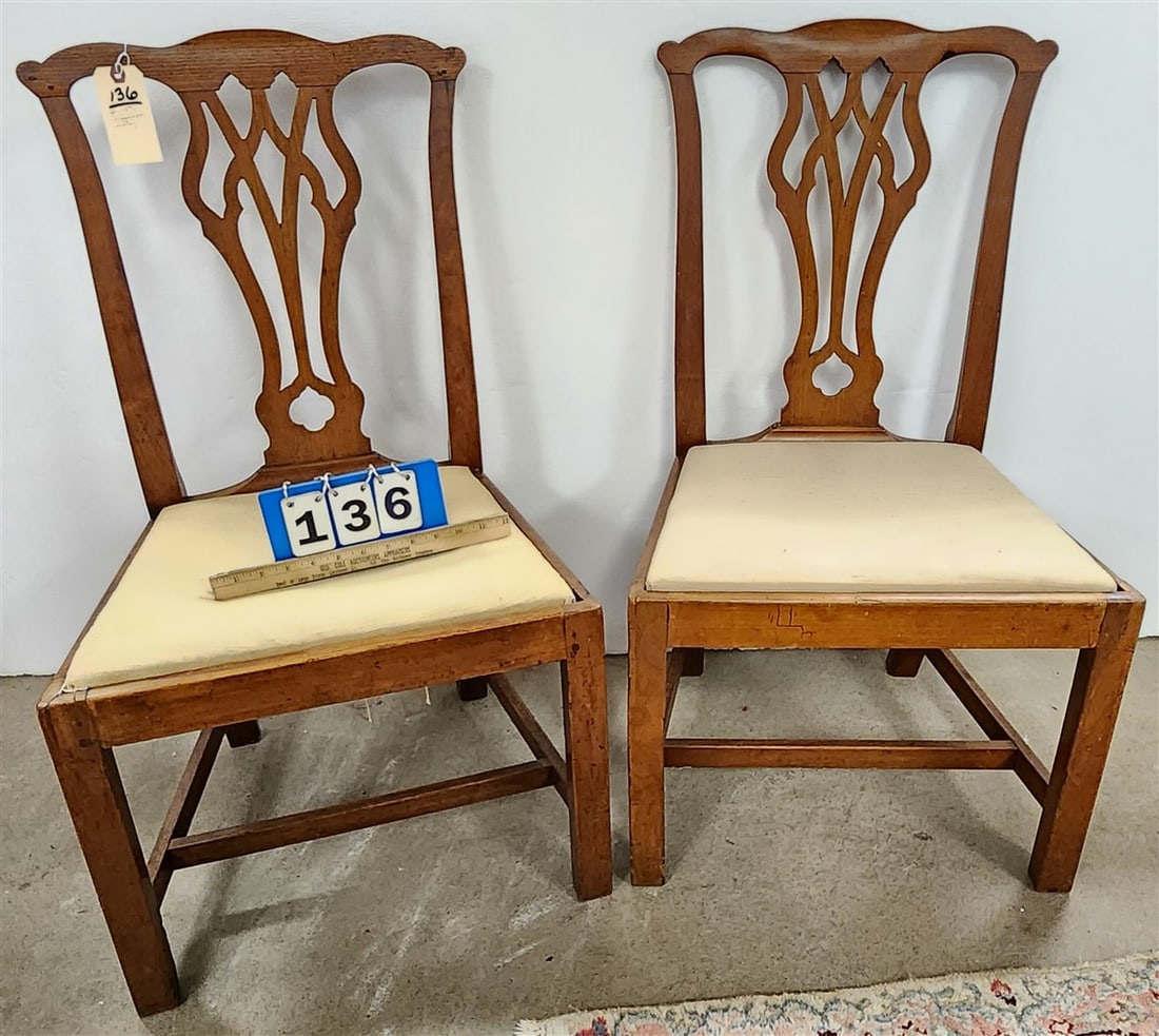 Pr. 18th C Chippendale Mahogany Slip Seat Chairs 36" H X 20" W X 14" D: Pr. 18th C Chippendale Mahogany Slip Seat Chairs 36" H X 20" W X 14" D
