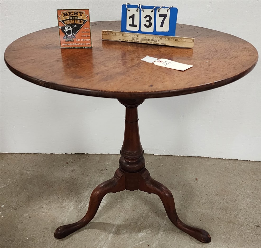 18th C Tilt Top Birdcage Tea Table w/Walnut 1- Board Top 29 1/2" H X 30 1/2" Diam.: 18th C Tilt Top Birdcage Tea Table w/Walnut 1- Board Top 29 1/2" H X 30 1/2" Diam.