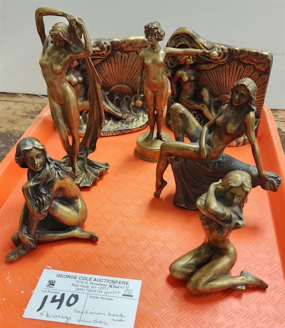 Tray 5 Bronze Nudes - 6", 5 1/2", 4 1/2", 3 1/2" + 2 Cast Iron Bookends 4" X 5" W: Tray 5 Bronze Nudes - 6", 5 1/2", 4 1/2", 3 1/2" + 2 Cast Iron Bookends 4" X 5" W
