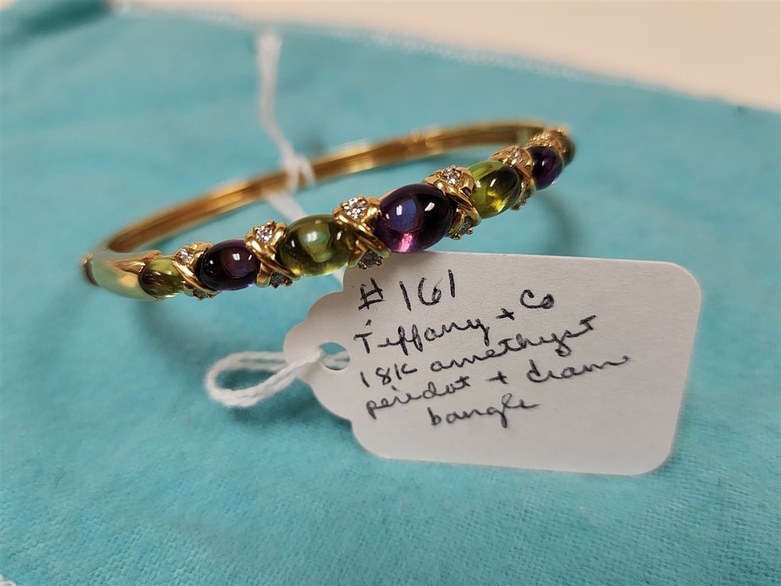 Vintage Tiffany & Co. 18K Amethyst, Peridot & Diamond Hinged Bangle: Vintage Tiffany & Co. 18K Amethyst, Peridot & Diamond Hinged Bangle