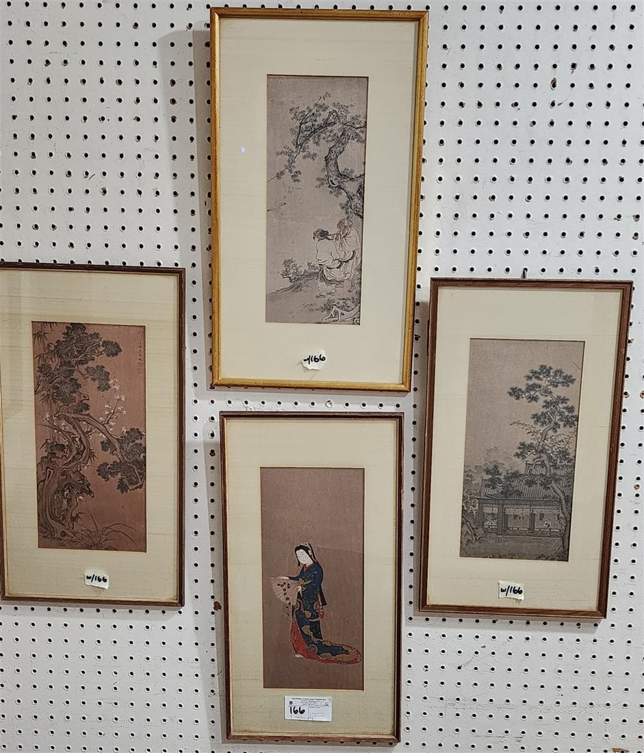 Lot 4 Vintage Asian Paintings - 3 Chinese Landscapes 13" X 6 1/4" w/Frame 20" X 11", 13 1/2" X 6 (1 of 7)