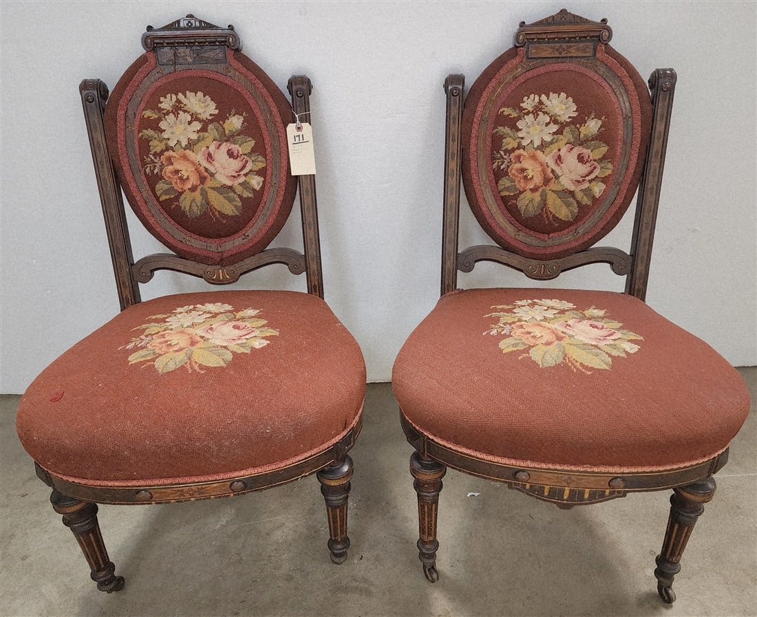 Pr. Victorian Renaissance Revival Inlaid Walnut Side Chairs 36 1/2" H X 21" W X 18" D (1 of 5)