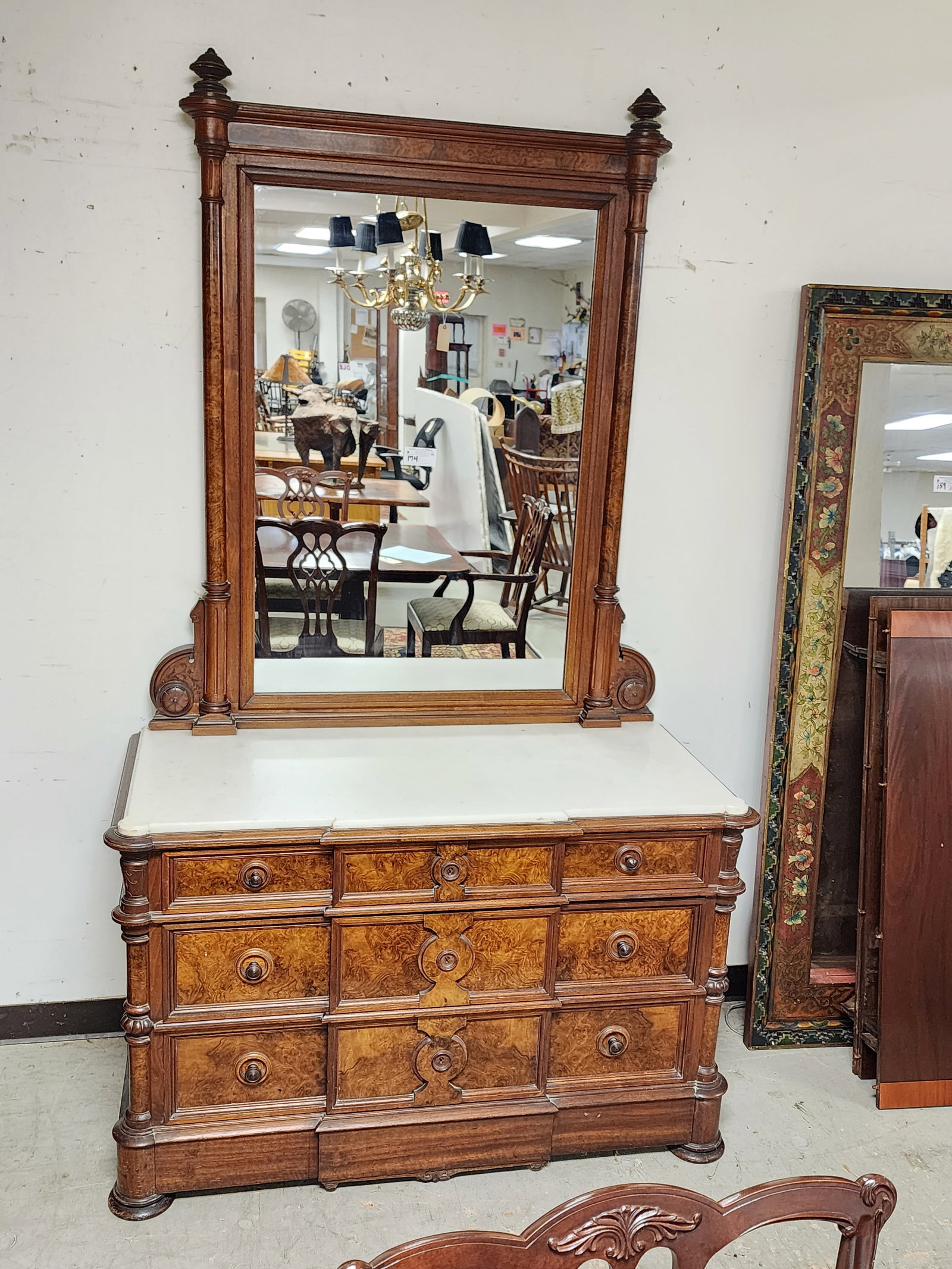 Victorian Renaissance Revival Walnut & Burl Walnut Marbletop 3 Drawer Dresser w/Slipper Drawer 87" H (1 of 4)