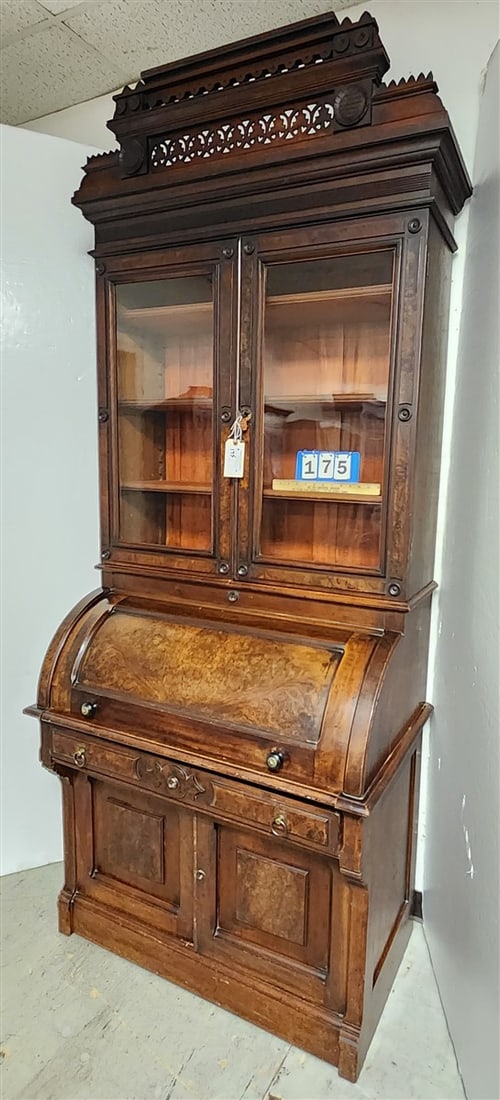 Victorian Walnut Barrel Roll Secretary Desk 96" H (7'1 1/2" Without Gallery) X 40" W X 23" D (1 of 9)