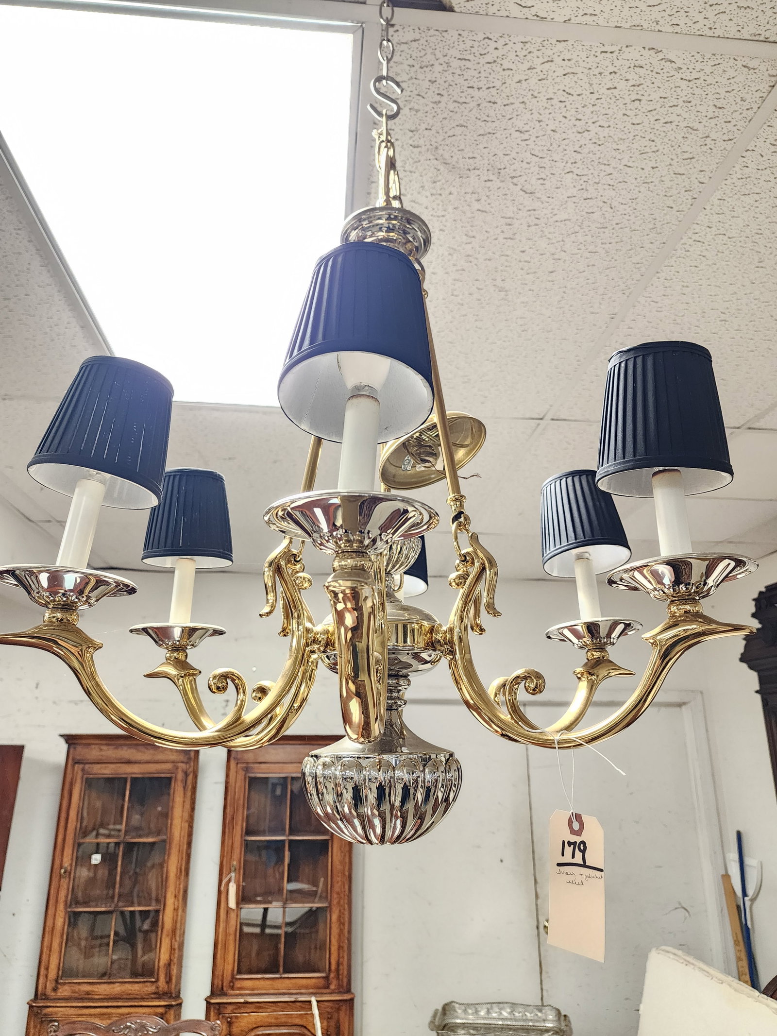 Brass & Polished Steel 6 Arm Chandelier 32" H X 26" Diam.: Brass & Polished Steel 6 Arm Chandelier 32" H X 26" Diam.