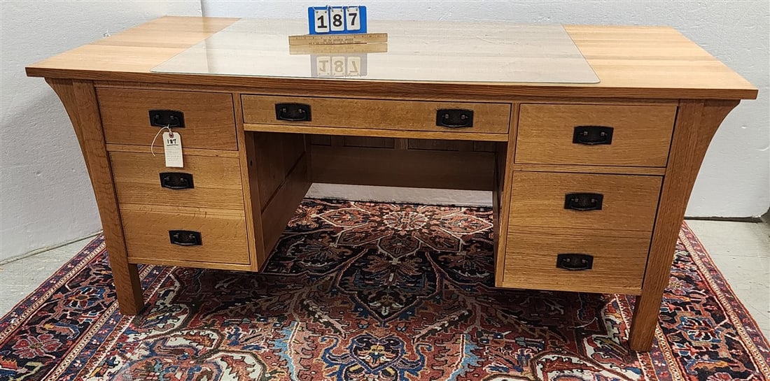 Stickley Mission Style Oak Executive Desk w/Tempered Glass Chair Mat & Desk Mat 30" H X 6' W X 36" D (1 of 6)