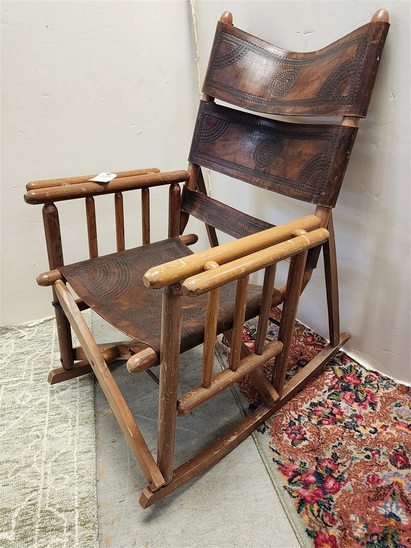 Costa Rican Campaign Chair, Folding Rocker w/Embossed Leather Seat & Back 39" H X 25" W X 16" D: Costa Rican Campaign Chair, Folding Rocker w/Embossed Leather Seat & Back 39" H X 25" W X 16" D