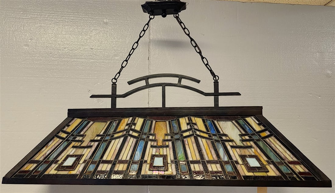 Quoizel Inglenook Leaded Glass Island Chandelier 31" H X 47 1/2" W X 16" D: Quoizel Inglenook Leaded Glass Island Chandelier 31" H X 47 1/2" W X 16" D