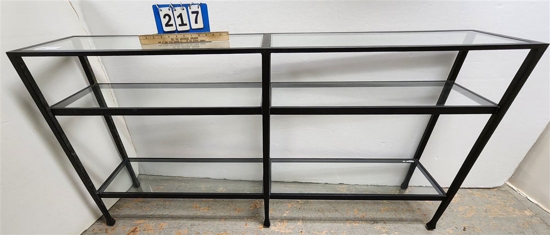 Wrought 3 Tier Stand w/Glass Shelves 31" H X 65" W X 14" D: Wrought 3 Tier Stand w/Glass Shelves 31" H X 65" W X 14" D