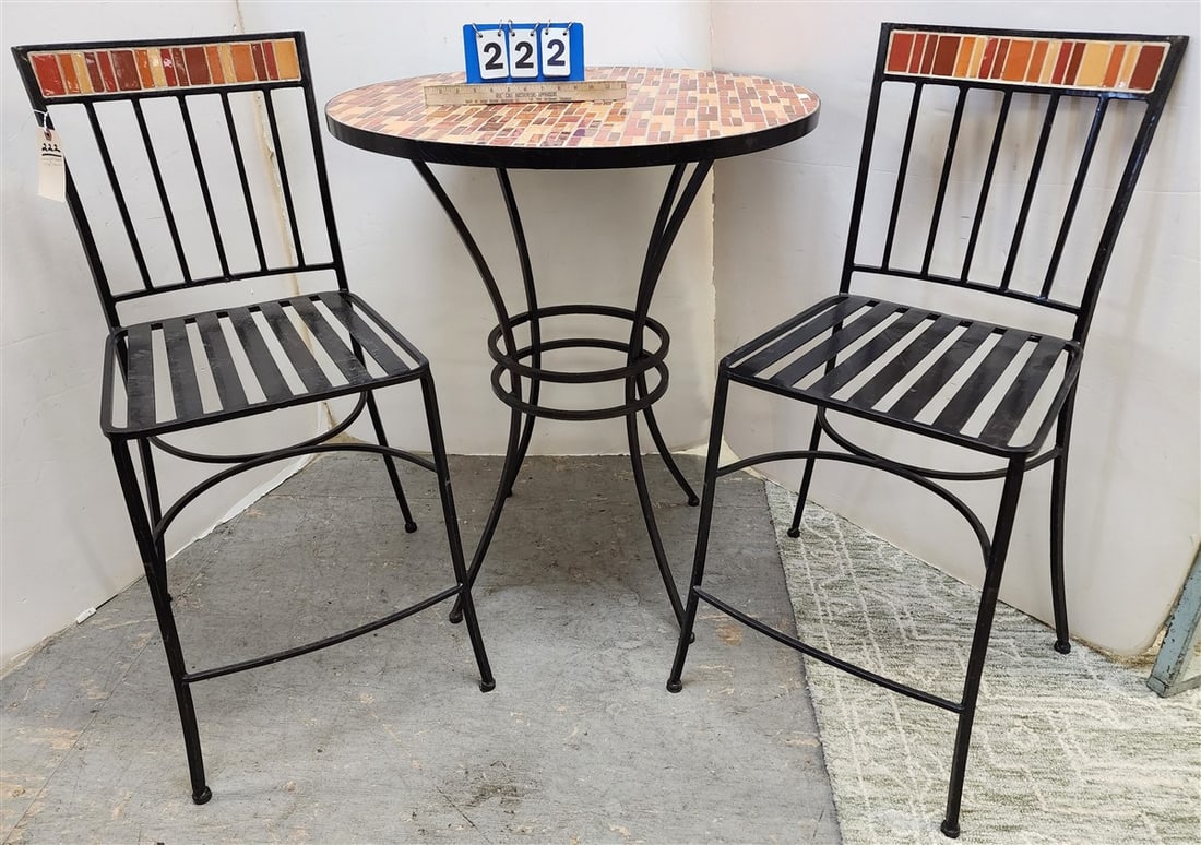 Wrought Bistro Table w/Tile Top 3' H X 30" Diam. + Pr. Chairs 39 1/2" H X 16" W X 15" D: Wrought Bistro Table w/Tile Top 3' H X 30" Diam. + Pr. Chairs 39 1/2" H X 16" W X 15" D