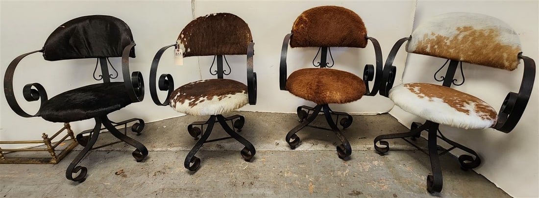 Set 4 Vintage Wrought Iron Framed Arm Chairs w/Cowhide Upholstry 32" H X 19 1/2" W X 18" D: Set 4 Vintage Wrought Iron Framed Arm Chairs w/Cowhide Upholstry 32" H X 19 1/2" W X 18" D