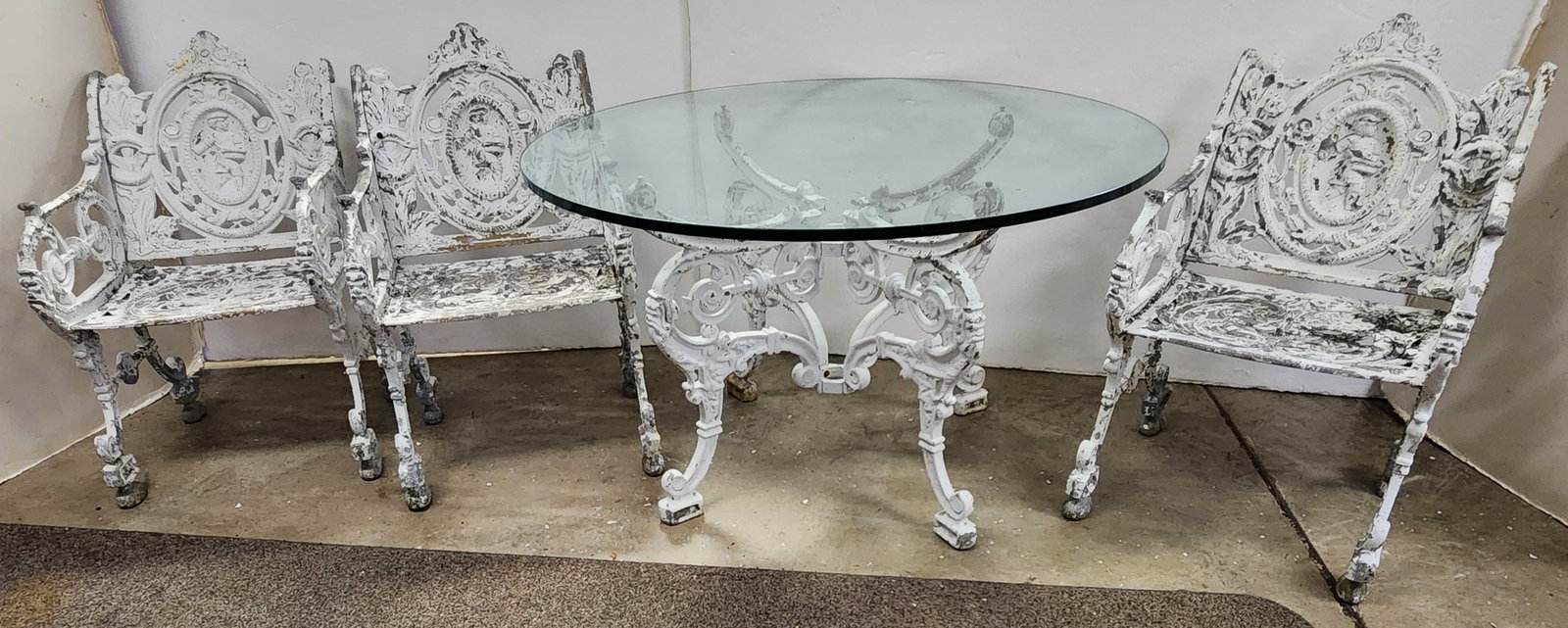 4 Pc. Metal Base Garden Set - Glass Top Table 28" H X 4' Diam. + 4 Armchairs 34 1/2" H X 21 1/2" W X: 4 Pc. Metal Base Garden Set - Glass Top Table 28" H X 4' Diam. + 4 Armchairs 34 1/2" H X 21 1/2" W X 15" D