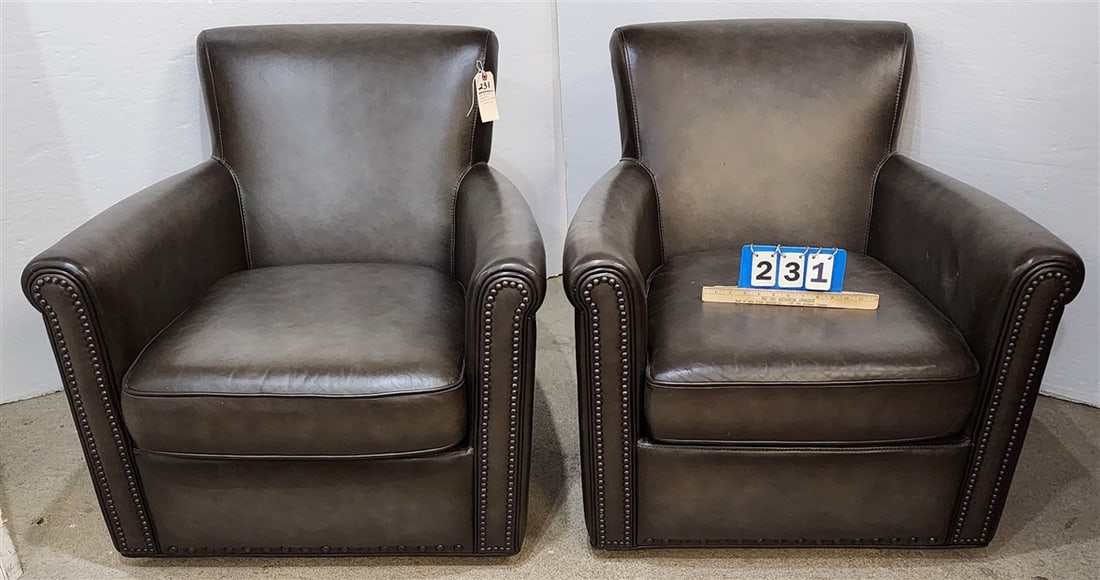 Pr. Pottery Barn Irving Roll Arm Leather Swivel Club Chairs 32" H X 32" W X 23" D (1 of 2)