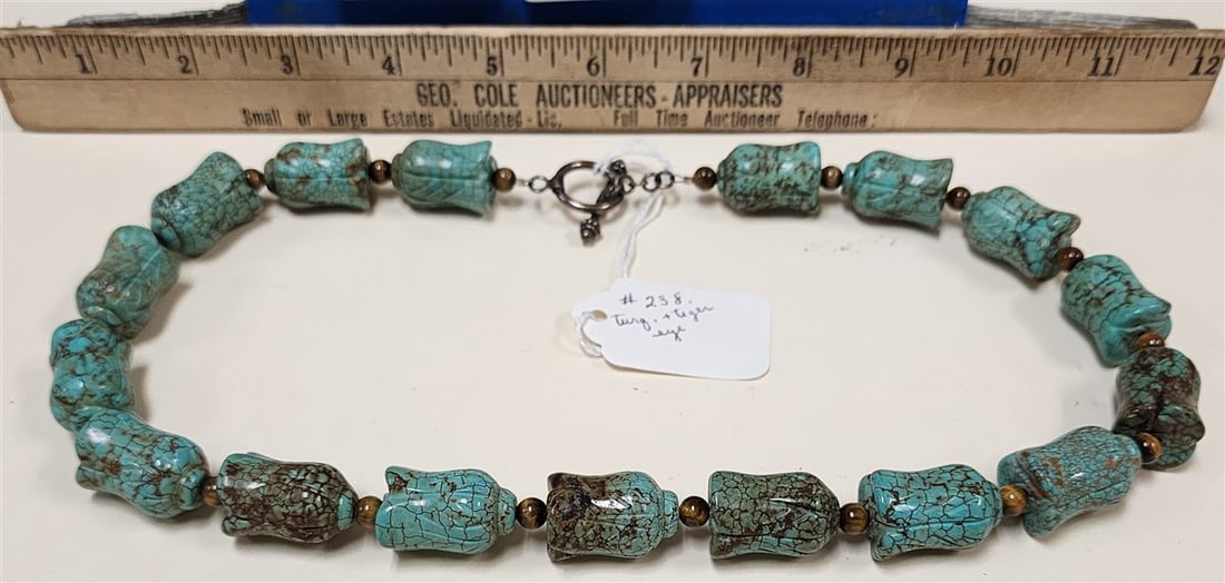 Carved Turquoise & Tiger Eye Bead Necklace 22" (1 of 1)