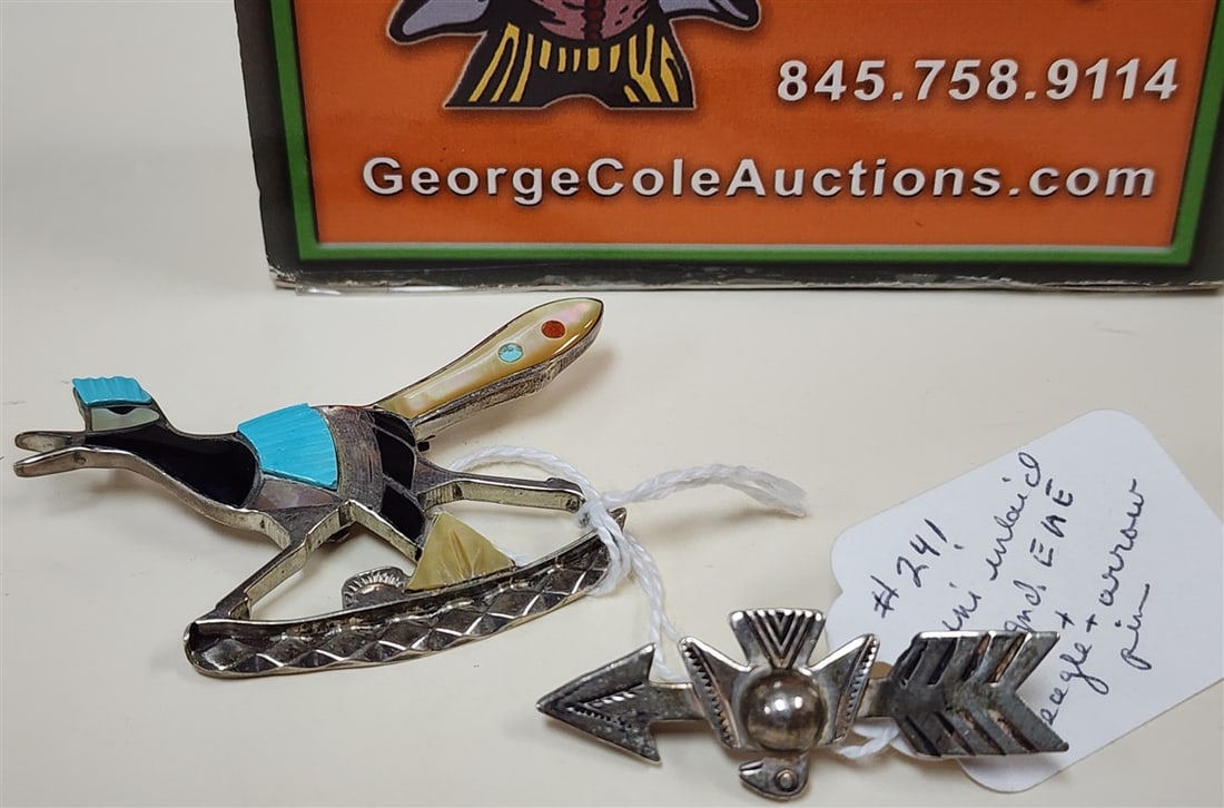 Zuni Inlaid Road Runner Pin Sgnd E.A.E. 1 1/2" H X 2 1/2" W + SM. Sterling Pin Arrow w/Eagle 1/2" H (1 of 2)