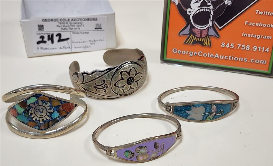 3 Mexican Sterling Bangles w/ Inlaid Stone + 1 Russian Kubachi 875 Silver Bangle: 3 Mexican Sterling Bangles w/ Inlaid Stone + 1 Russian Kubachi 875 Silver Bangle