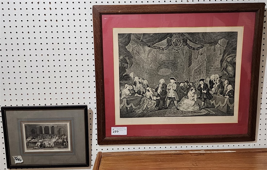 18th C Hogarth Engraving 'The Beggars Opera Act 3' 17 1/2" X 23" w/Frame 25 1/2' X 29 1/2" +: 18th C Hogarth Engraving 'The Beggars Opera Act 3' 17 1/2" X 23" w/Frame 25 1/2' X 29 1/2" + Engraving Of A Feast 5 1/2" X 8" w/Frame 12" X 15"