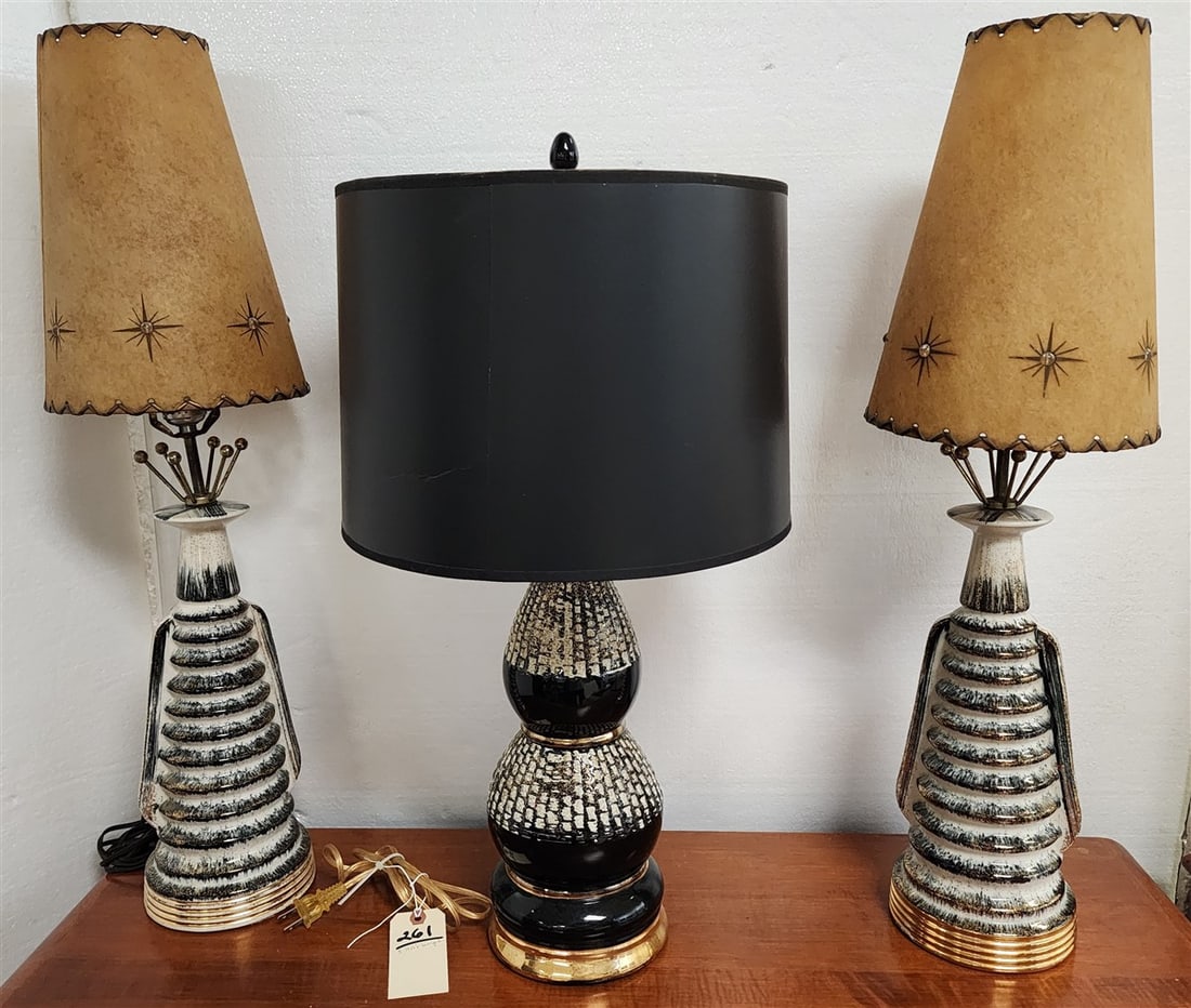 3 1950's Ceramic Table Lamps - Pr. 28 1/2" H + 26": 3 1950's Ceramic Table Lamps - Pr. 28 1/2" H + 26"