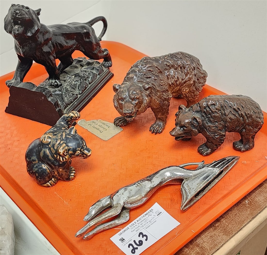 Tray Metal Items - Pr. Tiger Bookends 7 1/4" H X 7 1/2" L, (2) Bear Figurines 4 1/4" H X 7" L + 3 (1 of 6)