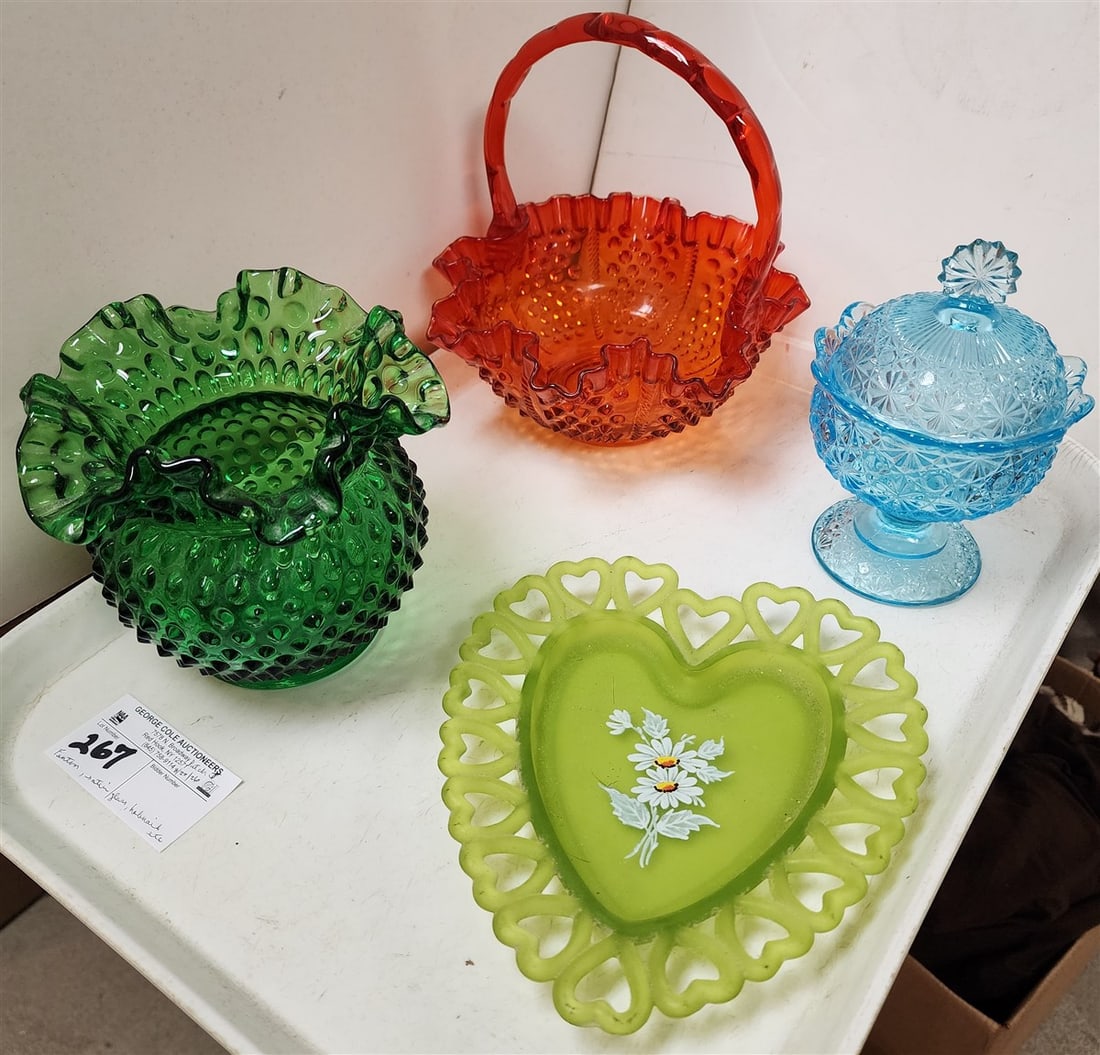 Tray Of 4 Glass Items - Red Hobnail Basket 8" H, Satin Glass Green Heart Dish, Ice Blue Covered: Tray Of 4 Glass Items - Red Hobnail Basket 8" H, Satin Glass Green Heart Dish, Ice Blue Covered Pressed Glass 6" + Green Hobnail Fenton Vase 5 1/2"