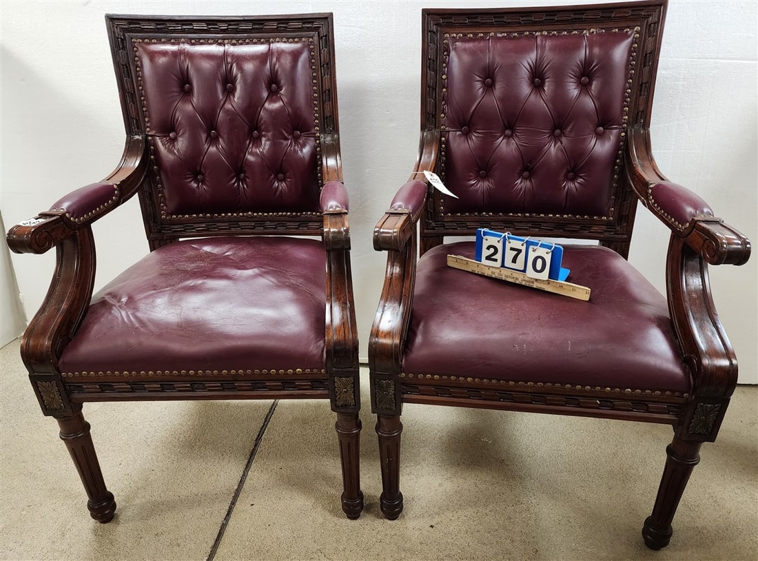 Pr. Mahogany Armchairs w/Leather Upholstry 29 1/2" H X 23 1/2" W X 19" D: Pr. Mahogany Armchairs w/Leather Upholstry 29 1/2" H X 23 1/2" W X 19" D
