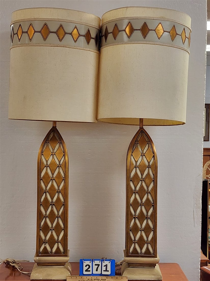 Pr. Vintage Hollywood Regency Style Table Lamps w/Original Shades 4'3" H (1 of 3)