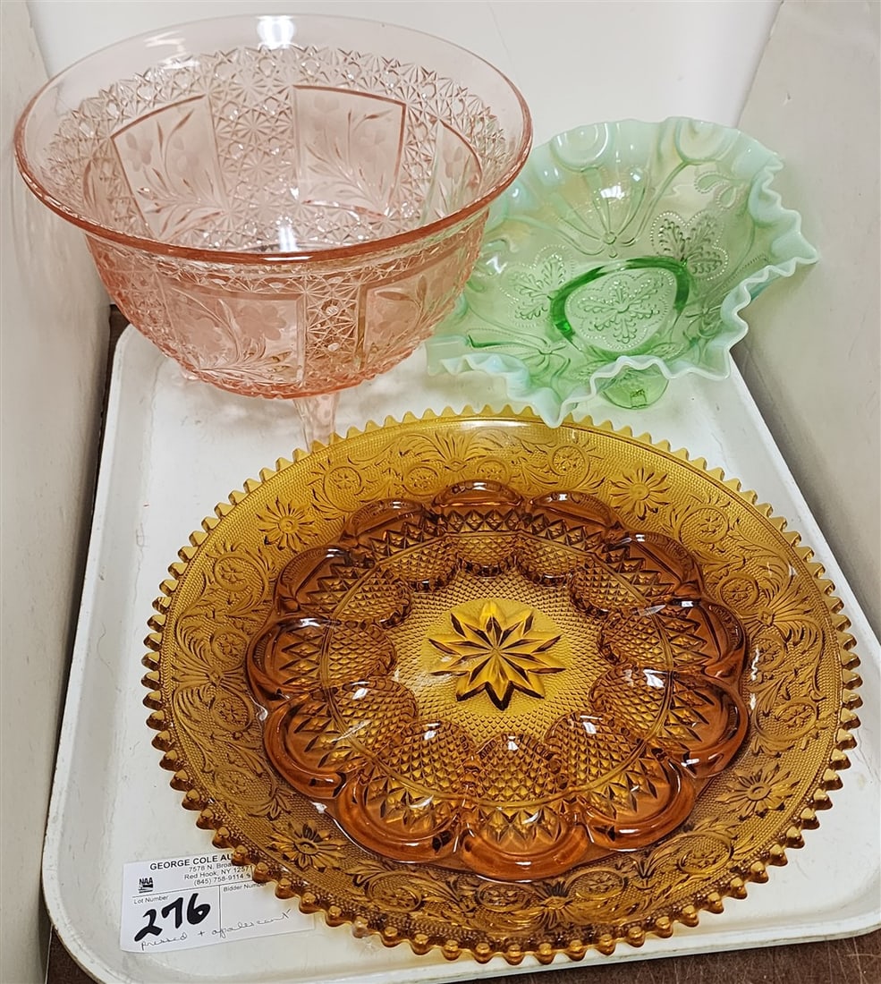 Tray 3 Glass Pcs. - Depression Amber Deviled Egg Dish 12" Diam., Pink Pressed Glass Footed Bowl 7" H: Tray 3 Glass Pcs. - Depression Amber Deviled Egg Dish 12" Diam., Pink Pressed Glass Footed Bowl 7" H X 9 3/4" Diam, Green Opalescent Dish 3 1/2" H X 9" Diam.