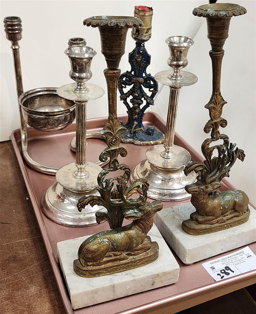 Tray Candlesticks - Pr. Of Cast Bronze Deer On Marble Bases 12" H, Pr. Gustaf Eriksson Silverplate 9 (1 of 4)