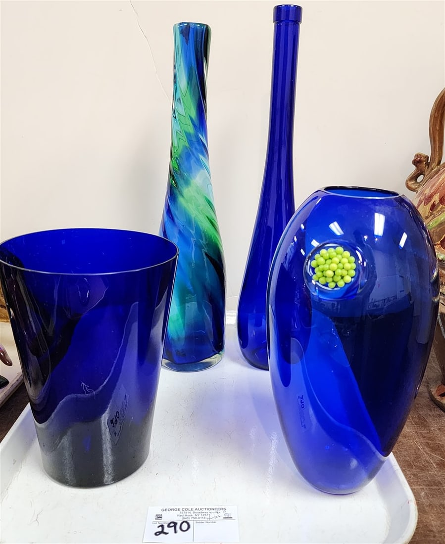 Tray Of Cobalt Glass Art Glass Vases - 16 1/2", 16", 10 1/2" + 8" (1 of 4)