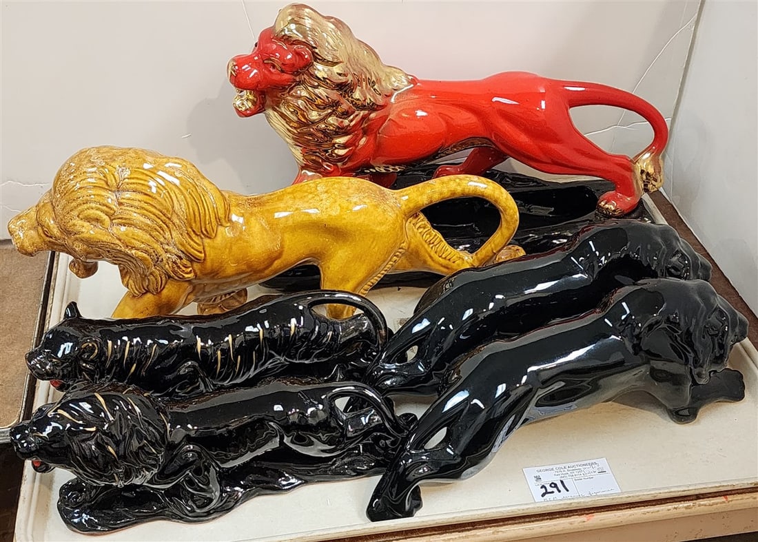 Tray 6 MCM Ceramic Figurines - (5) Lion 11 1/2" H X 18" L, 9" H X 18" L, (2) 5 1/2" H X 14" L + 5 (1 of 2)