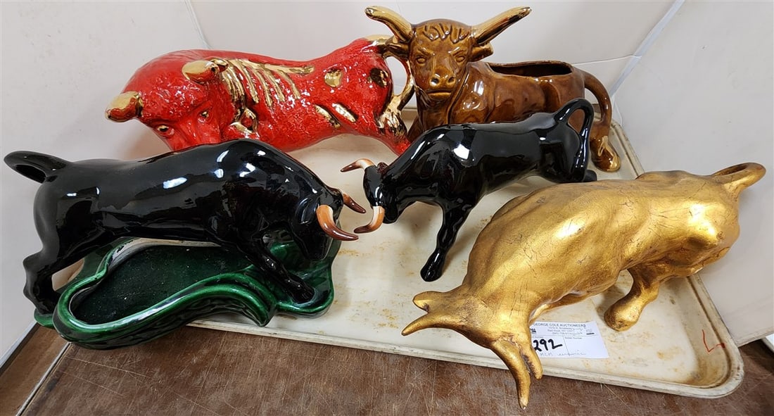 Tray 5 MCM Ceramic Bull Figurines - 8 1/2" H X 14"L, 9 1/2" H X 14" L, 7 1/2" H X 13" L, 6 1/2" H X (1 of 6)