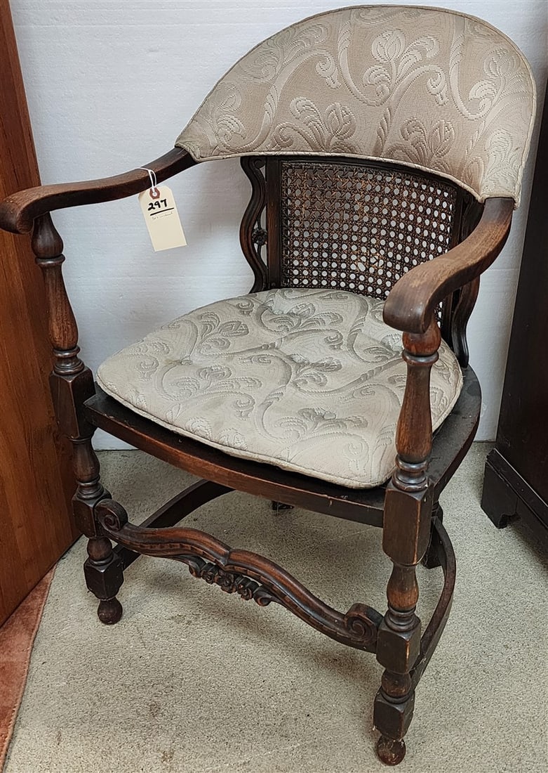 30's Carved Walnut Armchair w/Cane Back & Seat w/Upholstry 35" H X 22" W X 18" D (1 of 2)