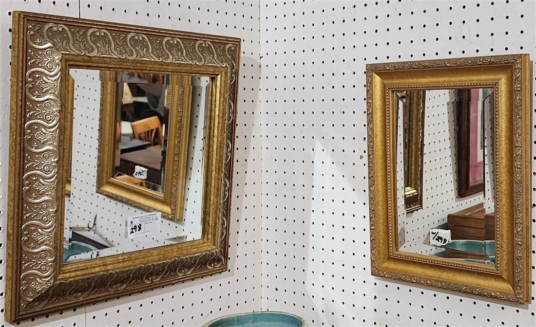 Lot 2 Framed Bevelled Mirrors 18 1/2" Sq. + 15 1/2" 11 1/2": Lot 2 Framed Bevelled Mirrors 18 1/2" Sq. + 15 1/2" 11 1/2"