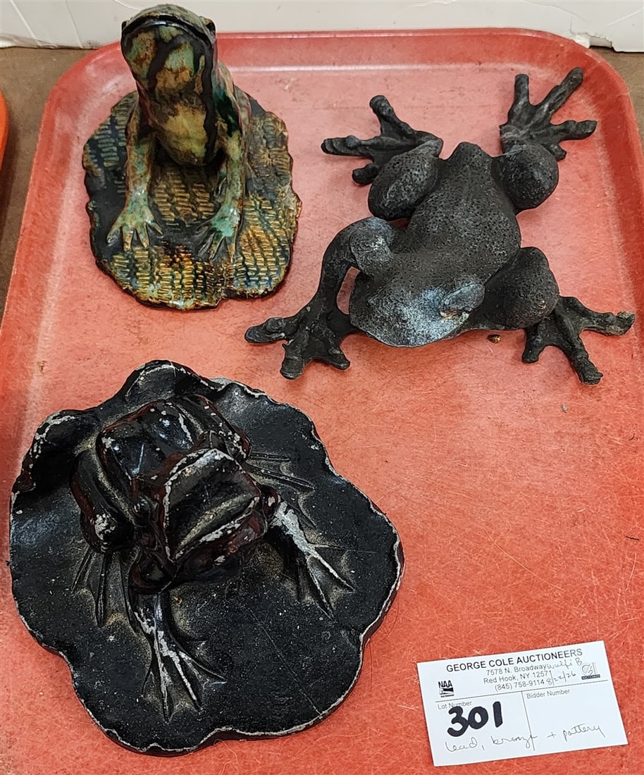 Tray 3 Frog Figurines - Lead 4 1/2" H X 5 1/2" W, Bronze Frog 2 3/4" H X 6 1/2" W, Pottery Made By: Tray 3 Frog Figurines - Lead 4 1/2" H X 5 1/2" W, Bronze Frog 2 3/4" H X 6 1/2" W, Pottery Made By Dolly Moore 5" H X 4" W