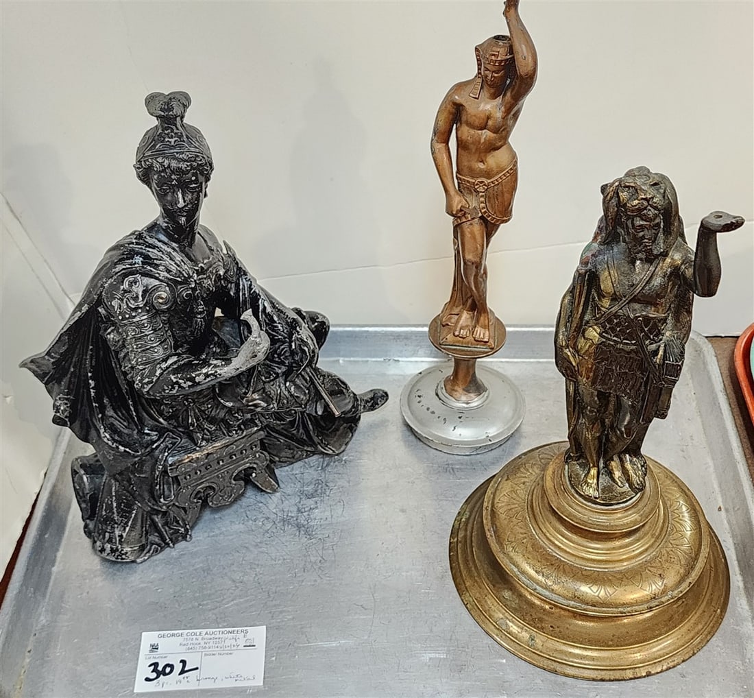 3 19th C Figurines - Victorian White Metal Clock Toppper 11" H X 8 1/2" W, Bronze Figure On Base 11 (1 of 3)