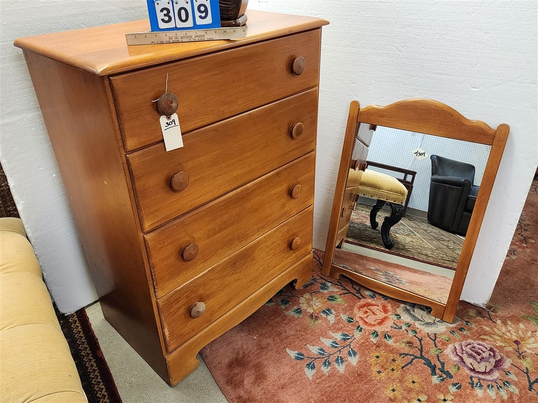 Maple 4 Drawer Chest 43 1/2" H X 32" W X 19" D w/Mirror 33" H X 22" W: Maple 4 Drawer Chest 43 1/2" H X 32" W X 19" D w/Mirror 33" H X 22" W