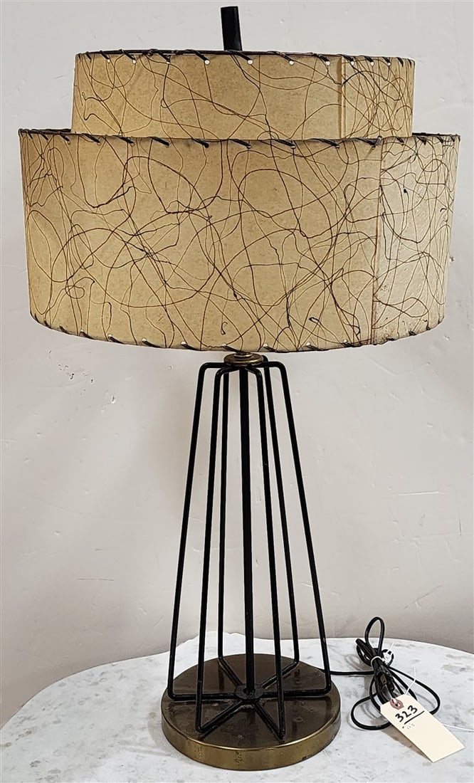 1950's MCM Wire Cage Base Lamp w/2 Tier Fiberglass Shade 31" H (1 of 3)
